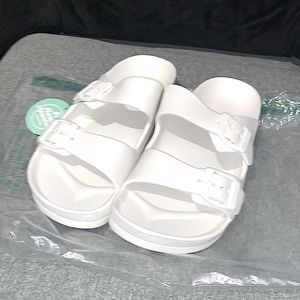 White Slip-On Buckle Sandals